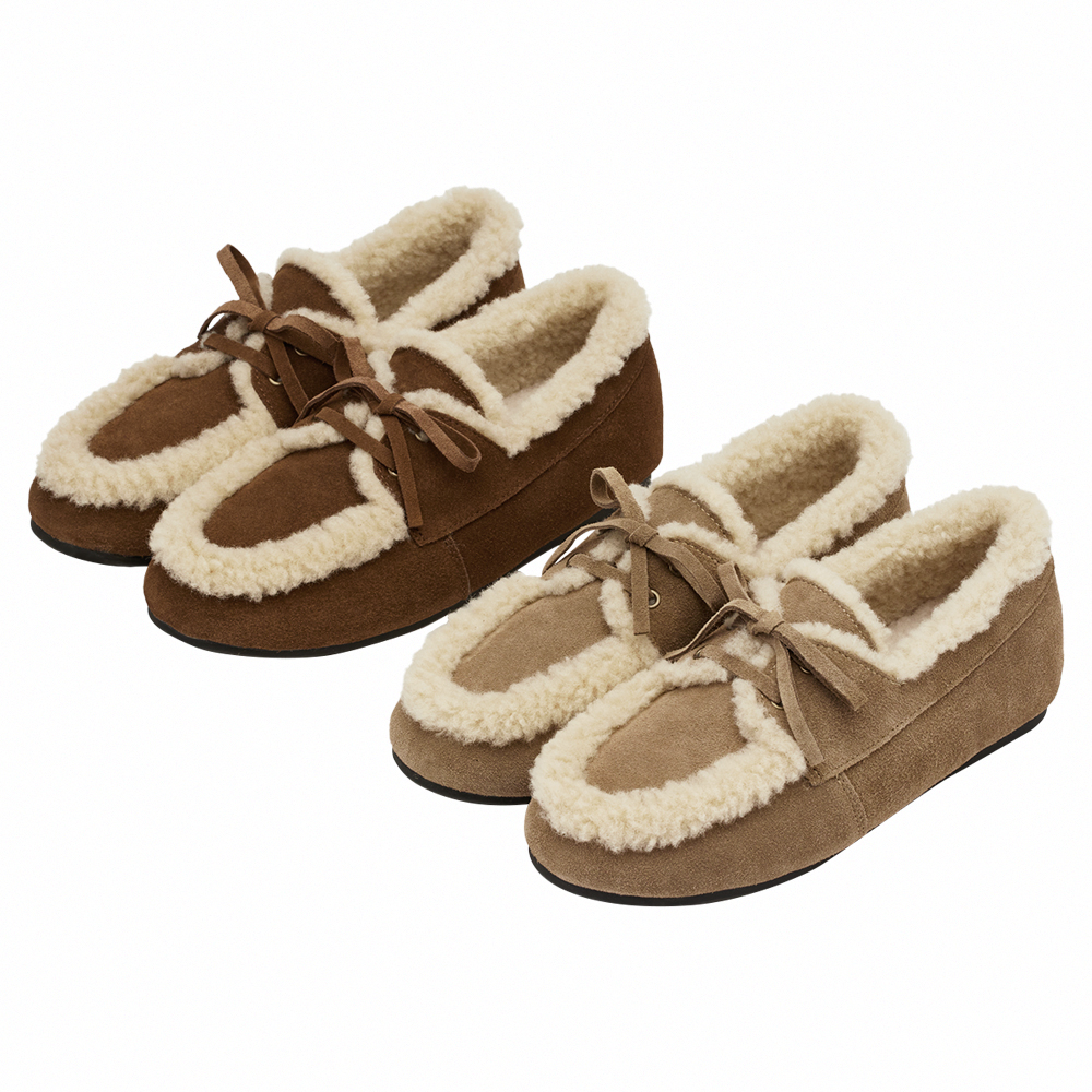 復古暖意真皮羊羔毛莫卡辛鞋 駝