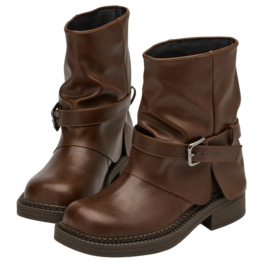 前衛時尚皮帶扣皺褶寬筒褲管短靴 咖