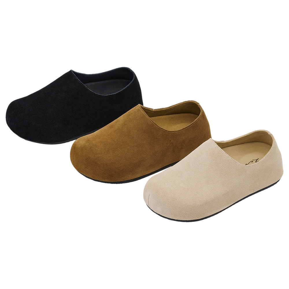 李柔聯名-慵懶共存圓頭牛麂皮懶人拖鞋 深杏