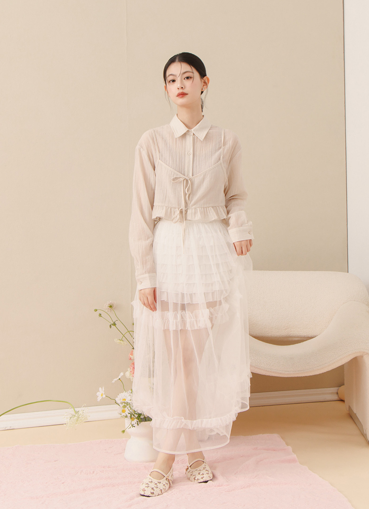 GraceGift平價女鞋 法式少女 蕾絲花朵 透膚平底 瑪莉珍鞋 杏色