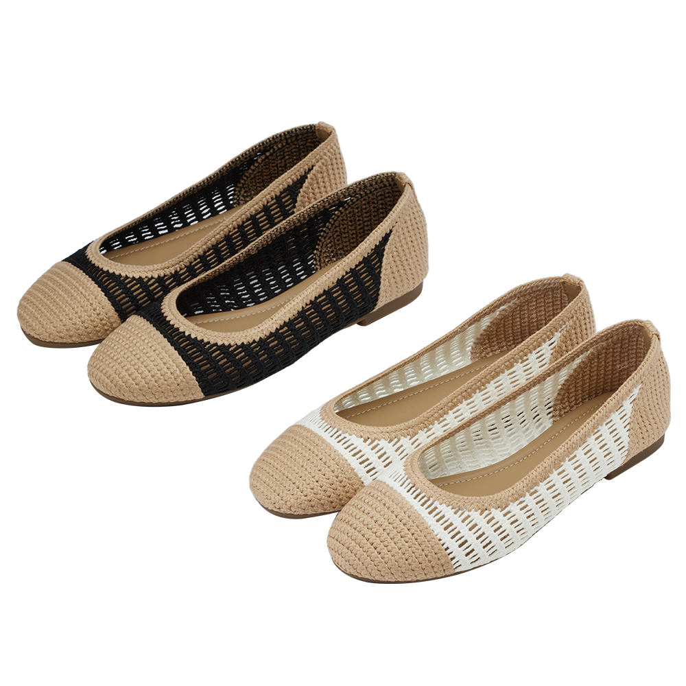 GraceGift 平價女鞋 時尚秀場 圓頭 法式輕透編織拼色平底娃娃鞋 黑色