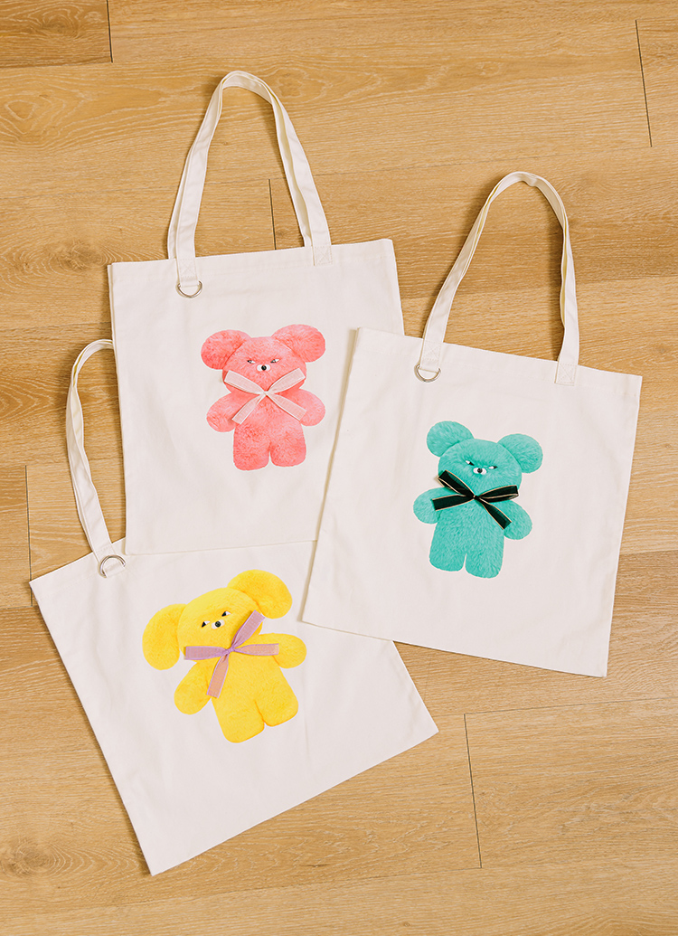 GraceGift Wasabi Bear聯名 芥末熊 立體蝴蝶結印花日常帆布包 藍綠色 實拍圖