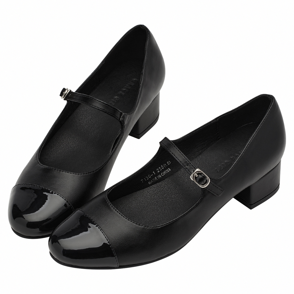 GraceGift平價女鞋 時尚秀場 圓頭 經典法式雙色小香風低跟瑪莉珍鞋  黑色