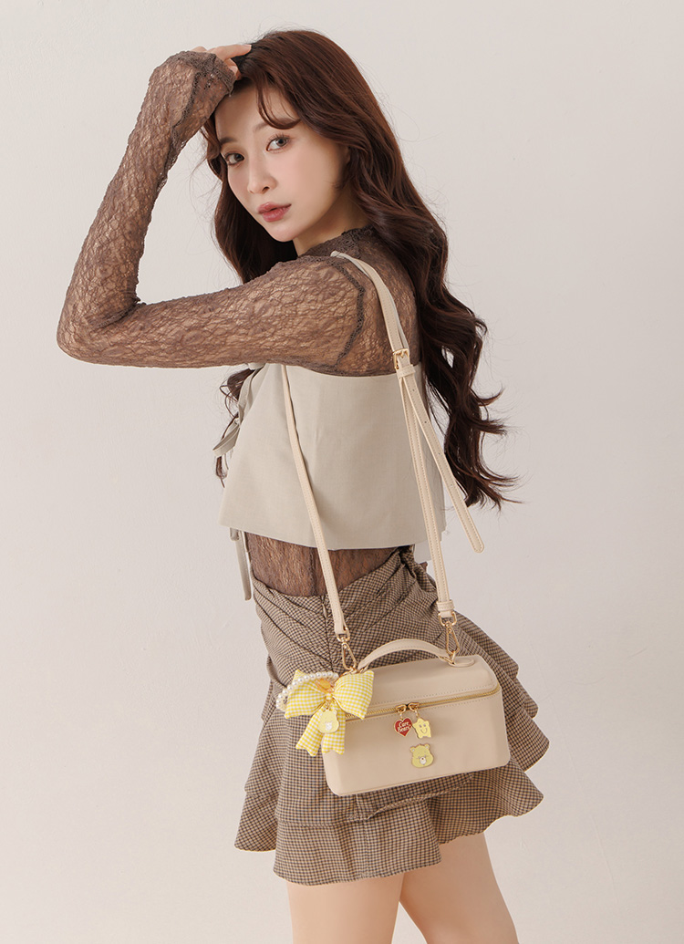 GraceGift CareBears聯名 溫柔小熊 Ribbon系列 格紋蝴蝶結珍珠手機鍊 紅