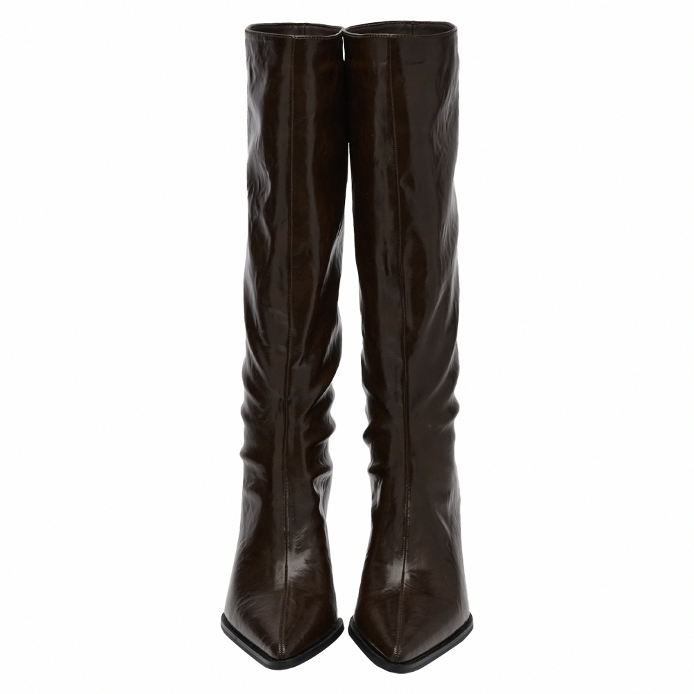 悅悅聯名-高級冷感漆皮尖頭細跟及膝長靴 咖