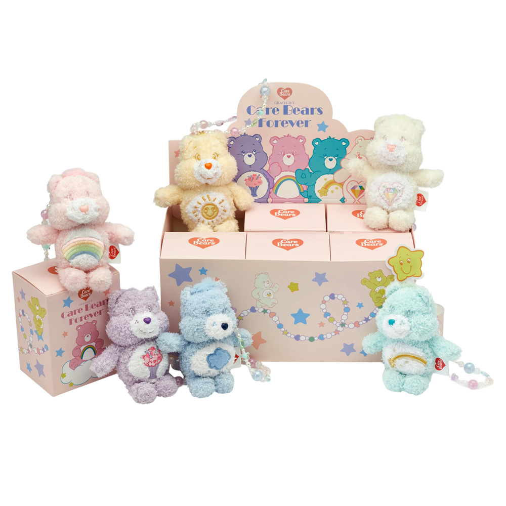 GraceGift CareBears聯名 Care Bears彩虹熊 棉花糖系列毛絨玩偶手機串珠吊飾一中盒