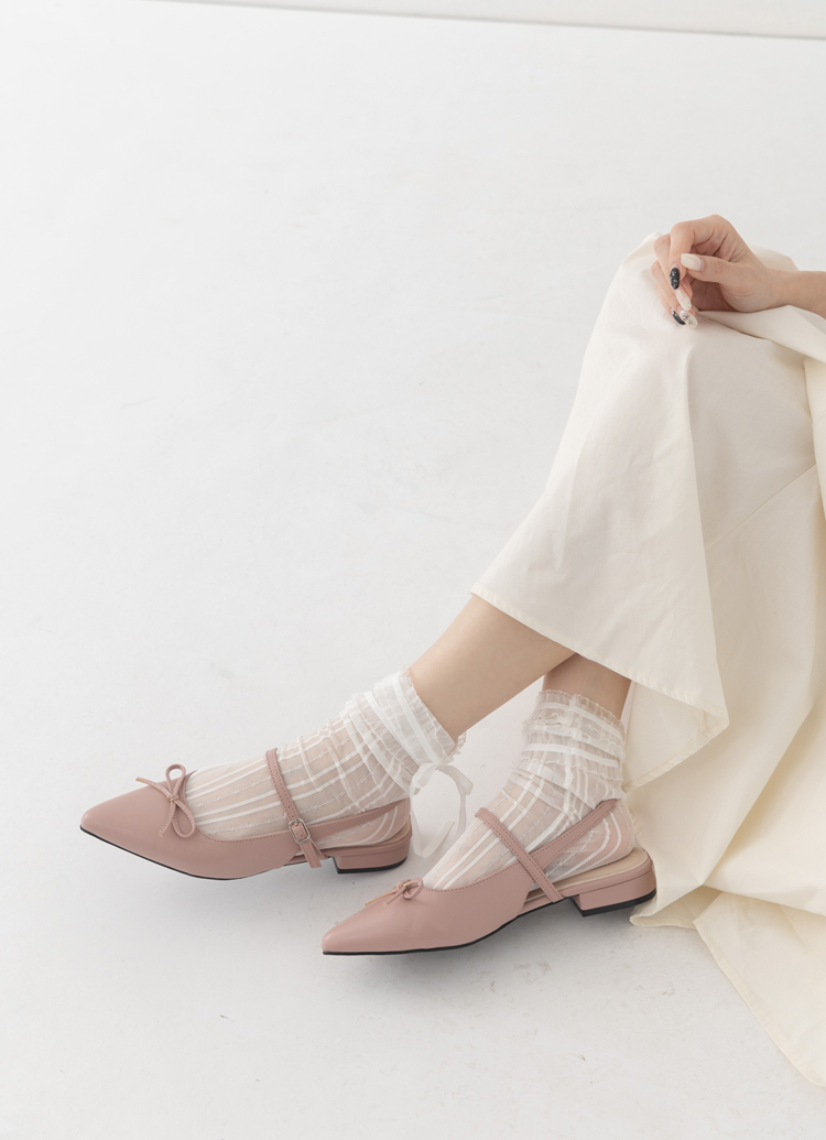 GraceGift 平價女鞋 法式尖頭 蝴蝶結後簍空芭蕾舞平底鞋 藕粉色