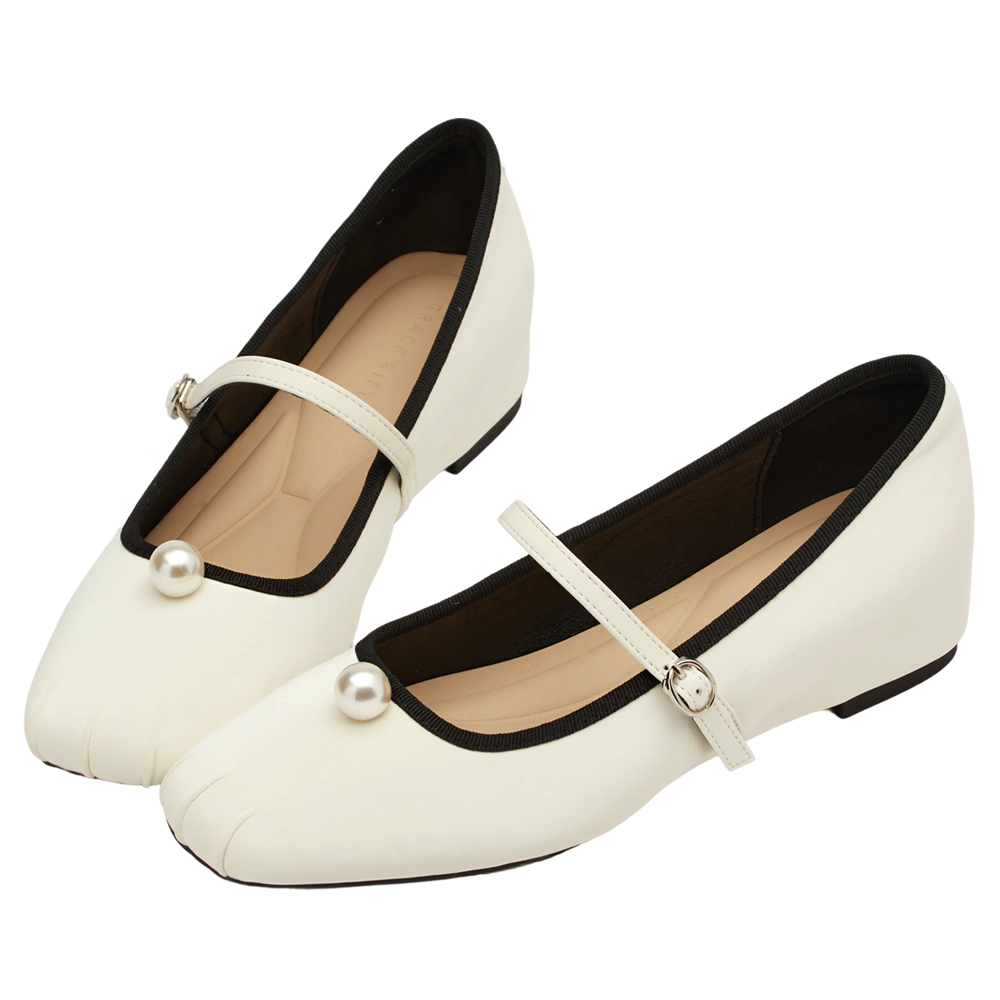 GraceGift平價女鞋 簡約珍珠 方頭撞色 內增高 瑪莉珍鞋 白色