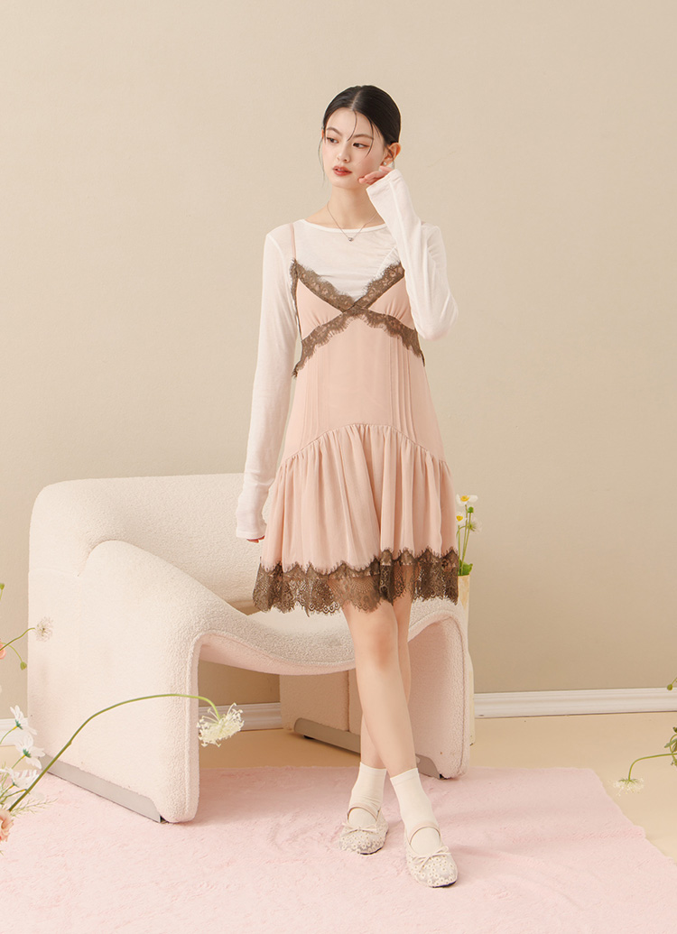 GraceGift平價女鞋 春日花園 蝴蝶結網紗 平底瑪莉珍鞋 杏色