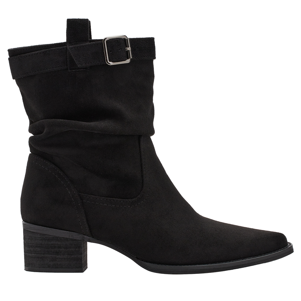 悅悅聯名-都會格調尖頭絨布2way堆堆低跟西部靴 黑絨布