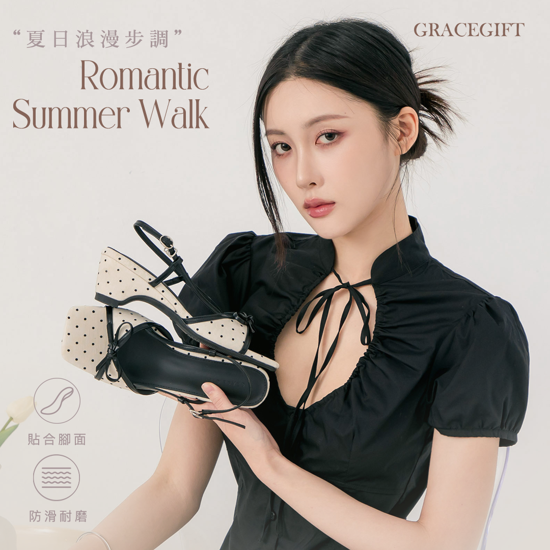 Grace Gift 復古輕甜蝴蝶結方頭後空低跟涼鞋，黑色，5CM復古低跟搭配方頭楦型、柔軟親膚鞋墊與橡膠防滑鞋底，展現法式復古甜美風格，適合日常、通勤與約會穿搭