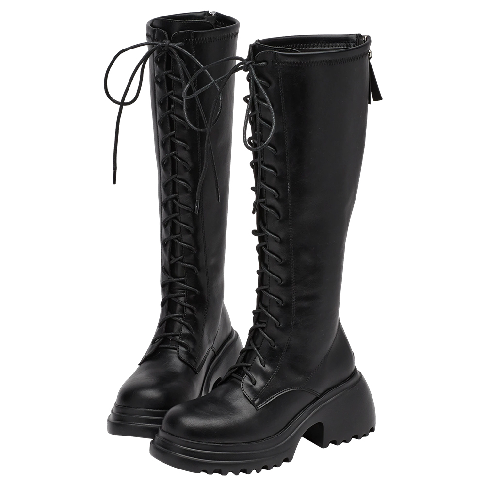 韓團必備圓頭輕量厚底綁帶長靴 黑