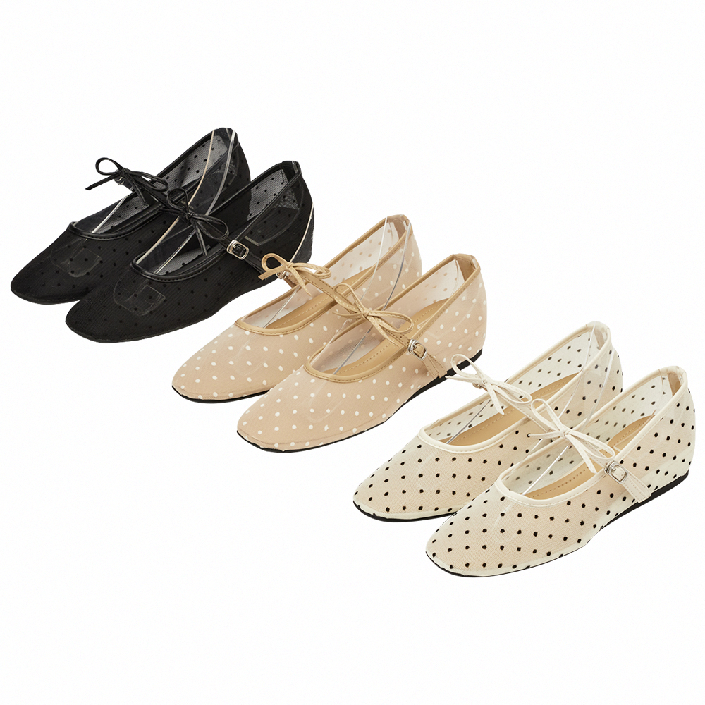 GraceGift平價女鞋 日系水玉 蝴蝶結網紗 內增高瑪莉珍鞋 黑色