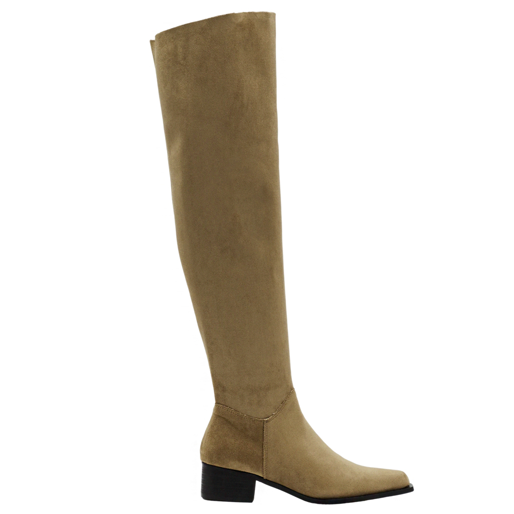 溫柔歐膩3way絨布過膝堆堆長靴 卡其