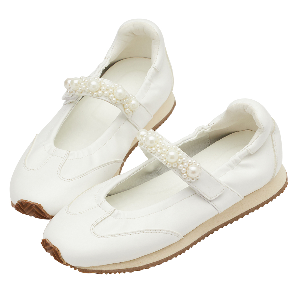 珍珠小花條帶魔鬼氈芭蕾舞瑪莉珍鞋 米白