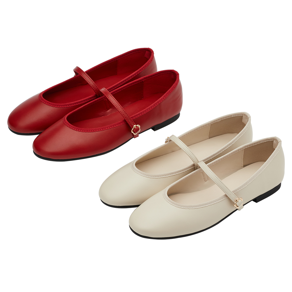 GraceGift平價女鞋 俏皮少女 素面 花釦 芭蕾舞瑪莉珍鞋 正紅