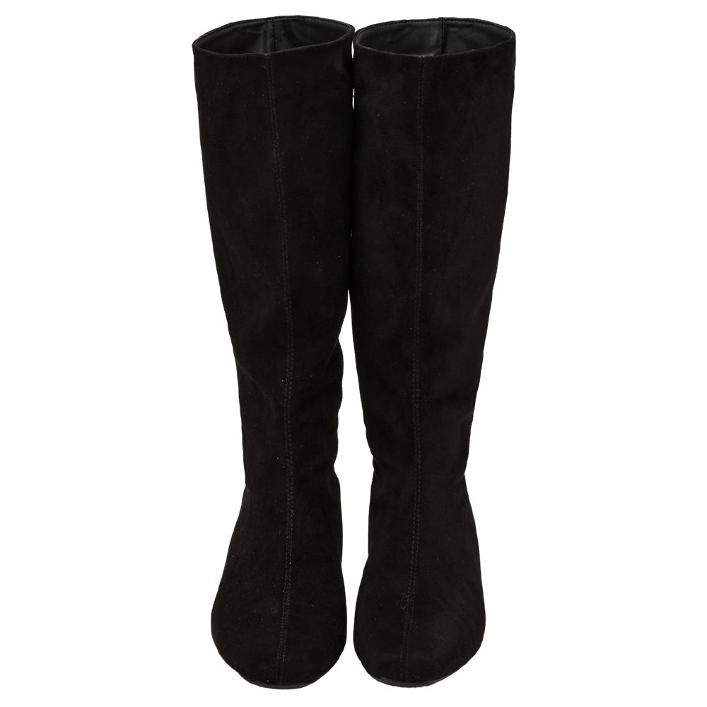 柔感美腿方頭絨布內增高堆堆長靴 黑