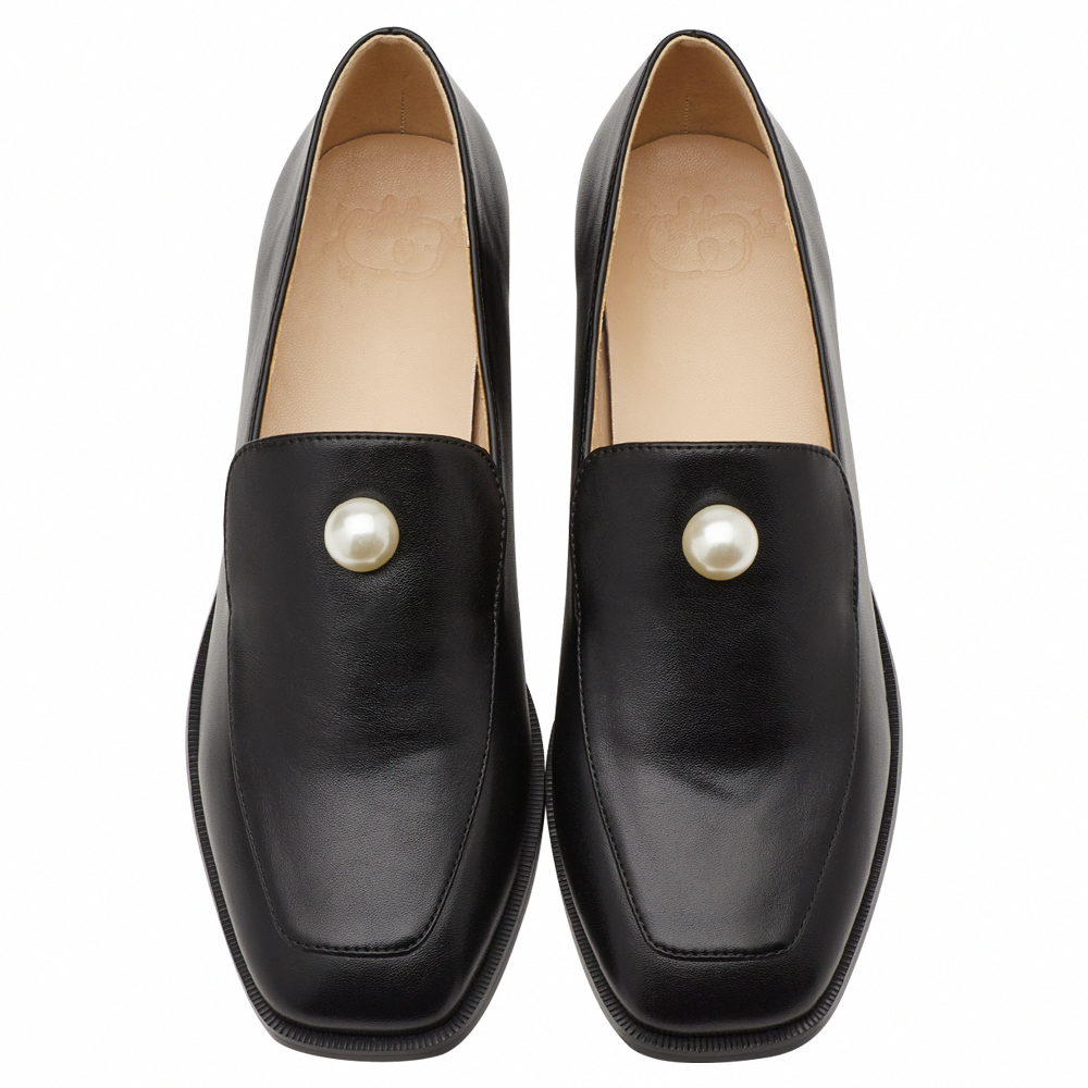 奕潔聯名-柔光珍珠方頭低跟樂福小皮鞋 黑