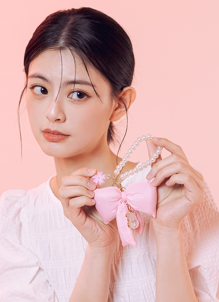 GraceGift CareBears聯名 櫻花熊 櫻花季限定 櫻花小熊蝴蝶結珍珠手機鍊 粉紅