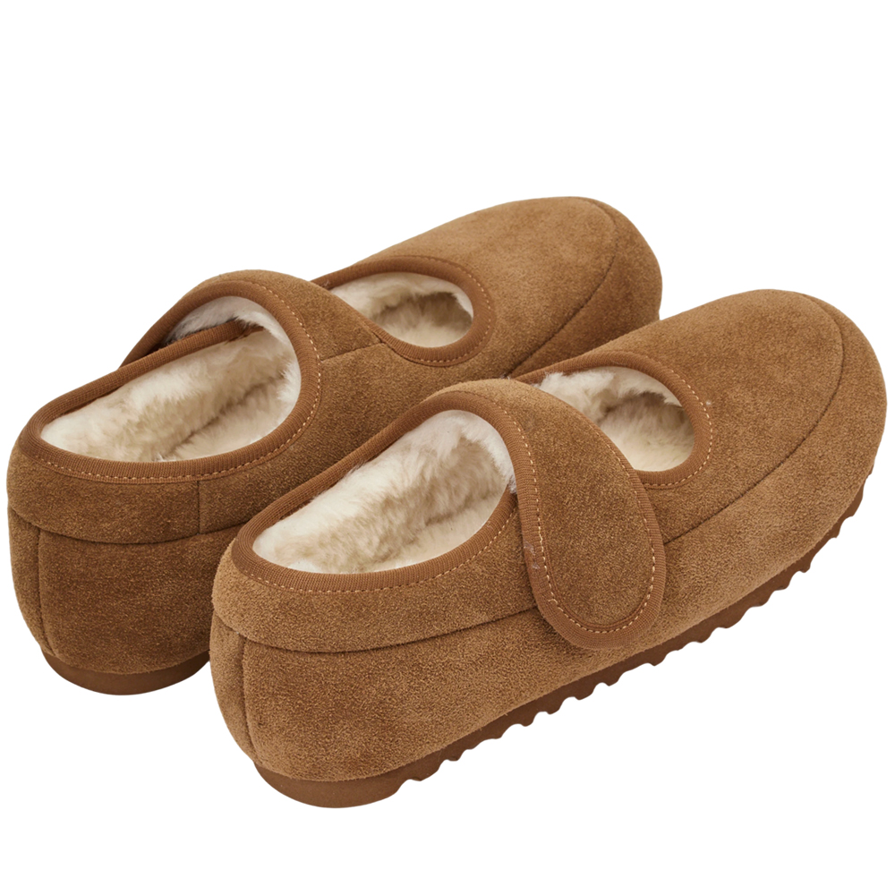 輕甜冬日真皮毛毛輕量瑪莉珍平底鞋 棕