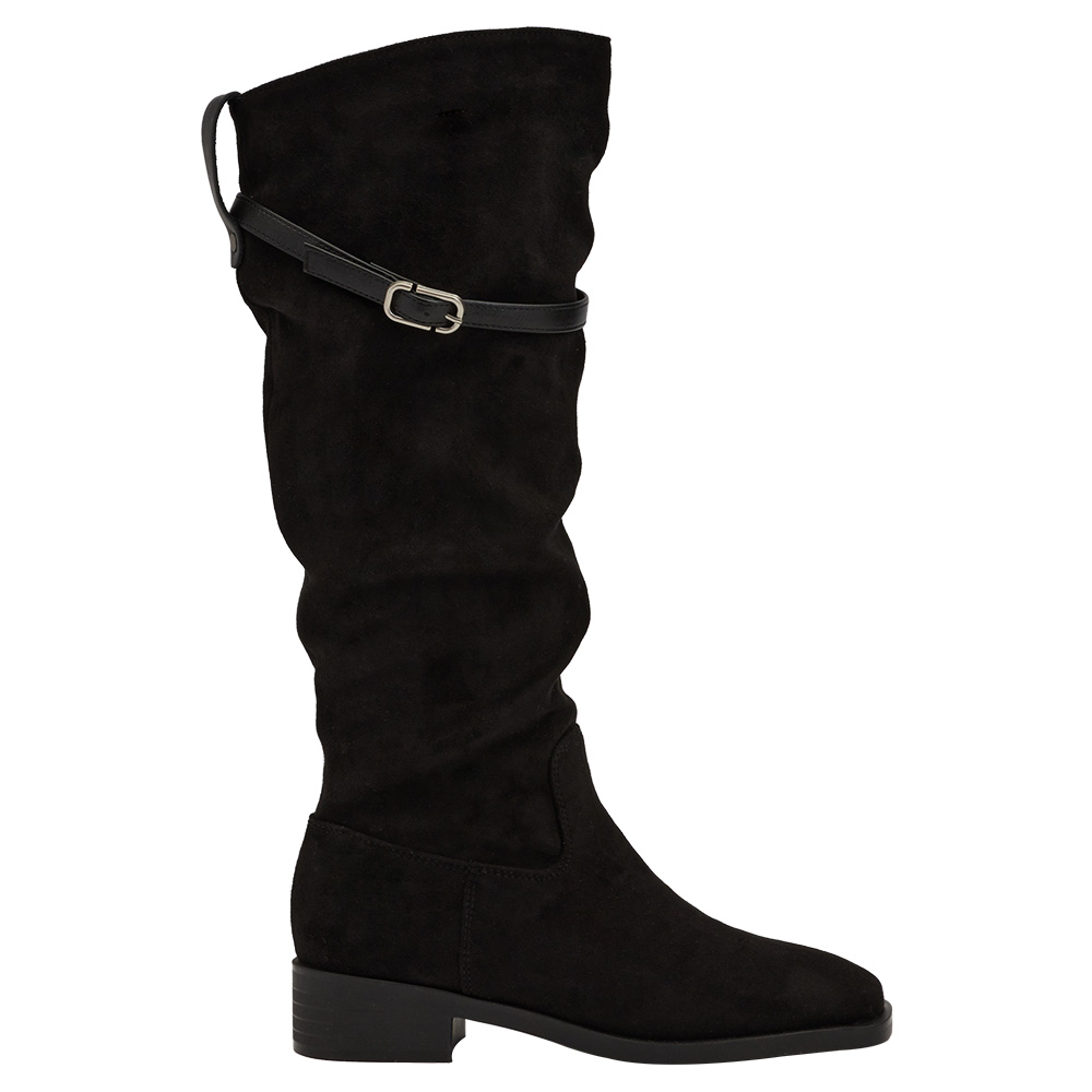 韓系層次方頭2way皮帶環堆堆機車長靴 黑