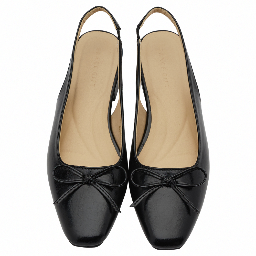 GraceGift平價女鞋 時尚秀場 方頭 韓系清新蝴蝶結後空跟鞋 黑色