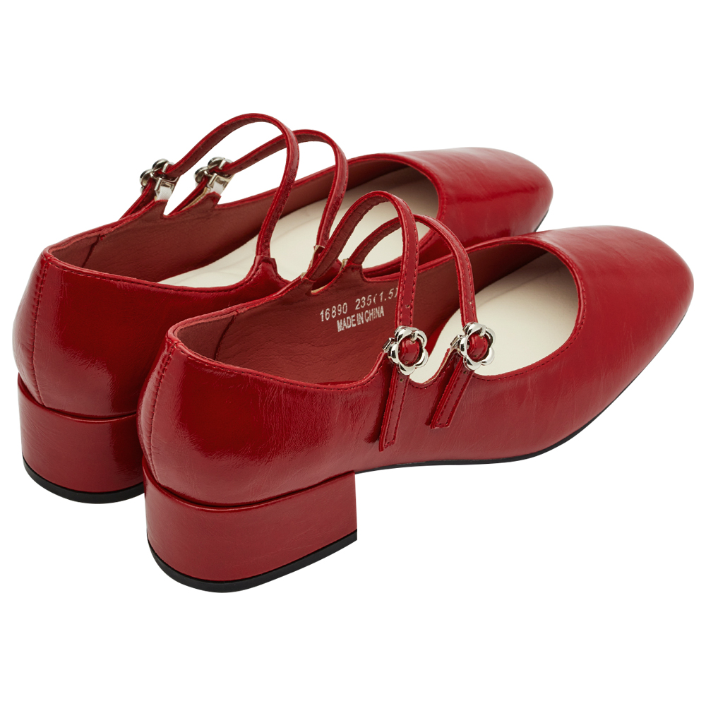 GraceGift平價女鞋 時尚秀場 方圓頭 瑪黑穿搭小花扣環雙帶中跟瑪莉珍鞋 正紅色