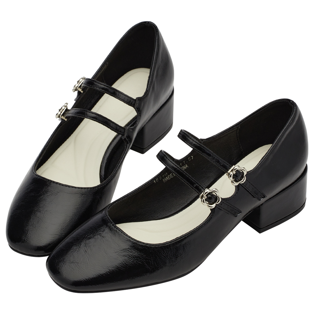 GraceGift平價女鞋 時尚秀場 方圓頭 瑪黑穿搭小花扣環雙帶中跟瑪莉珍鞋 黑色