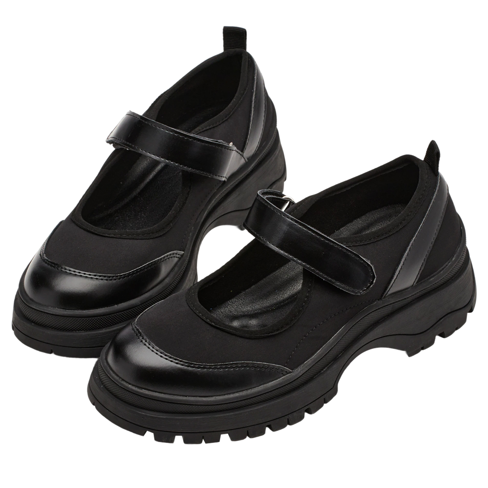 輕運動風拼接魔鬼氈瑪莉珍運動鞋 黑