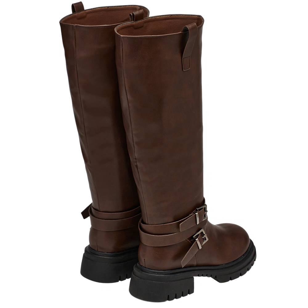 俐落圓頭側拉環繞踝皮帶厚底長靴 棕