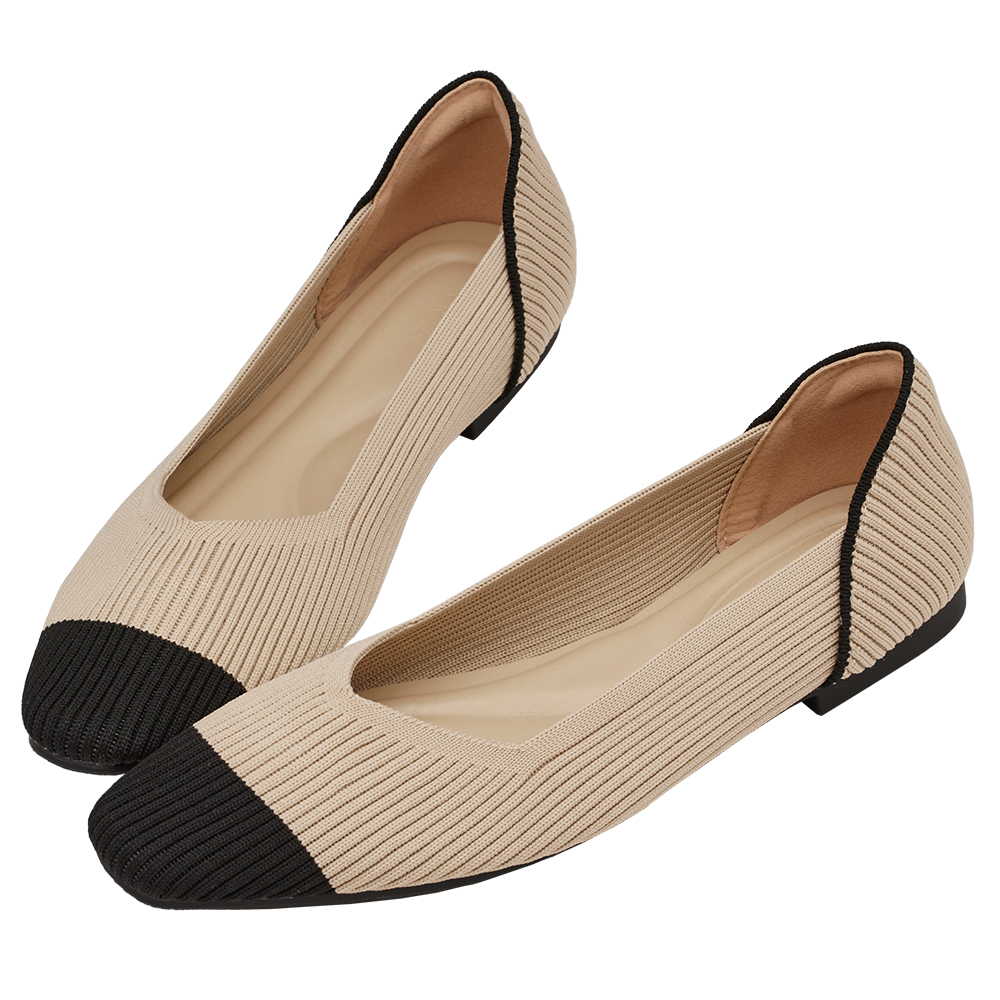 GraceGift 平價女鞋 零著感 方頭柔織軟墊娃娃鞋 黑X杏色 平底娃娃鞋 實拍圖