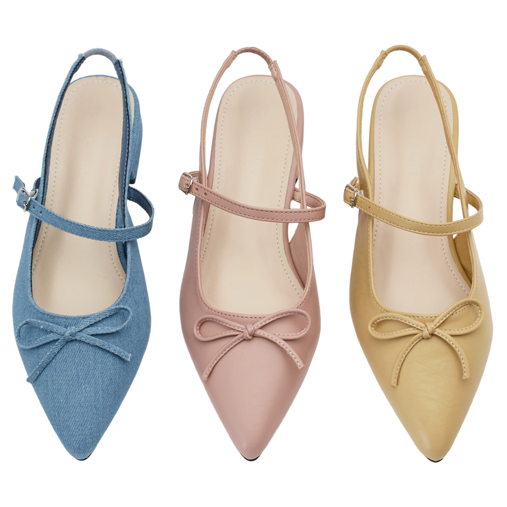 GraceGift 平價女鞋 法式尖頭 蝴蝶結後簍空芭蕾舞平底鞋 牛仔