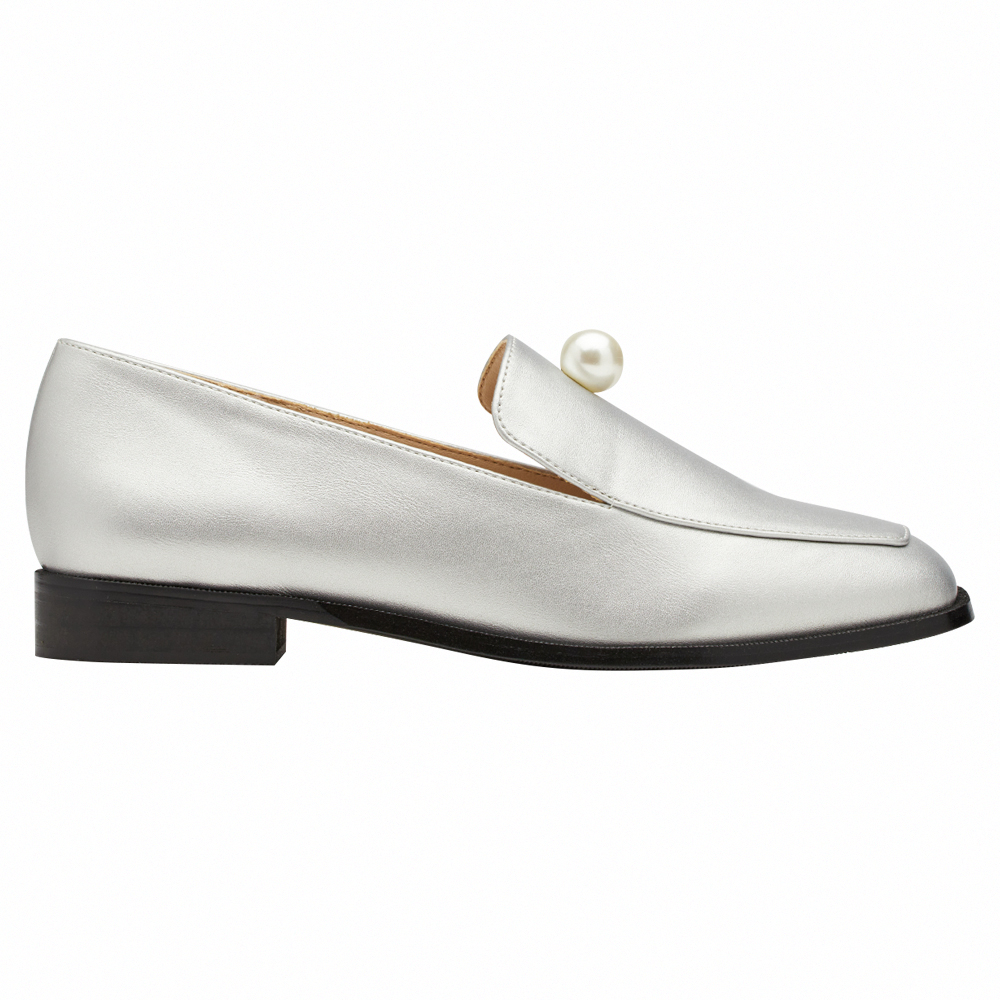 奕潔聯名-柔光珍珠方頭低跟樂福小皮鞋 銀