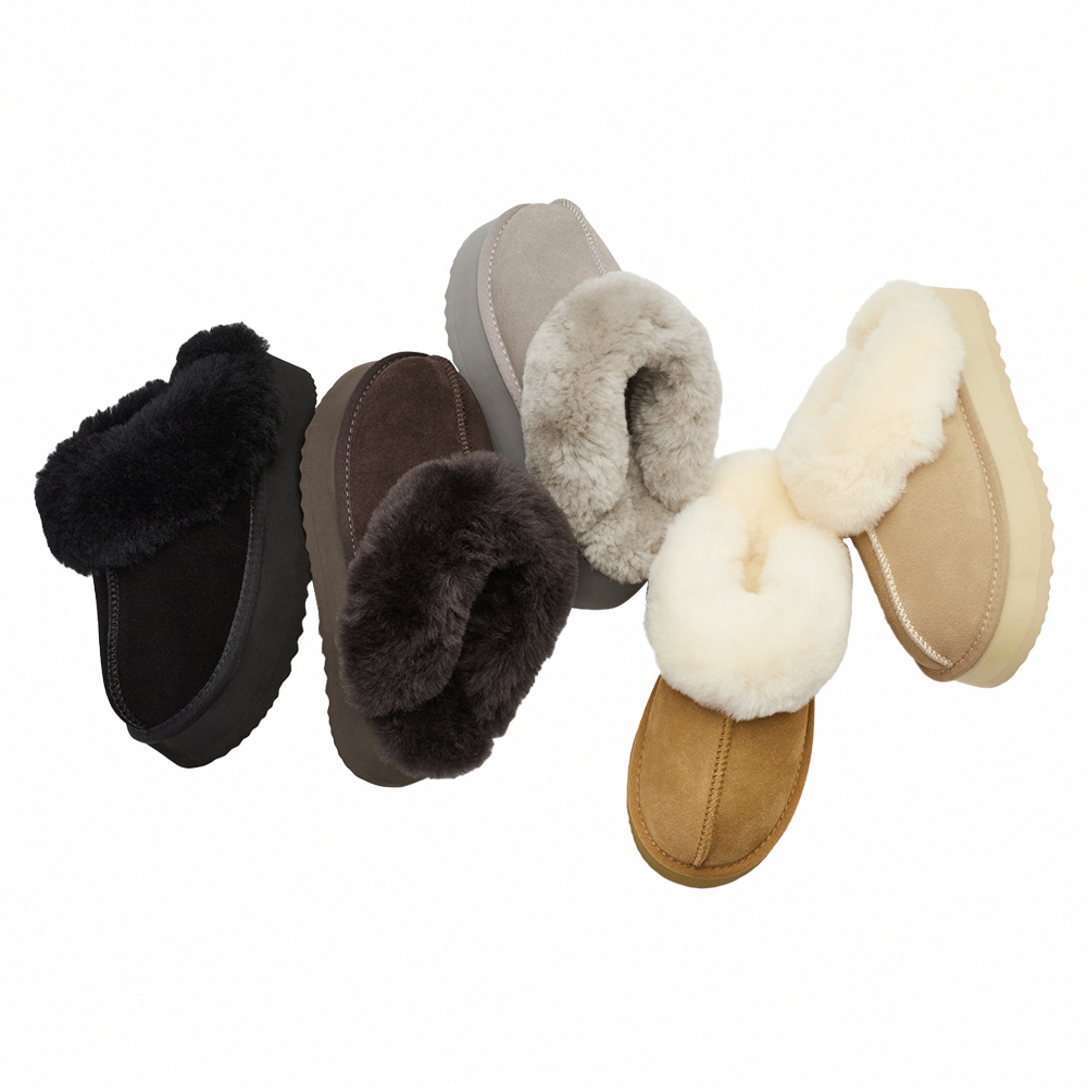 牛麂皮羊毛厚底雪地拖鞋 咖