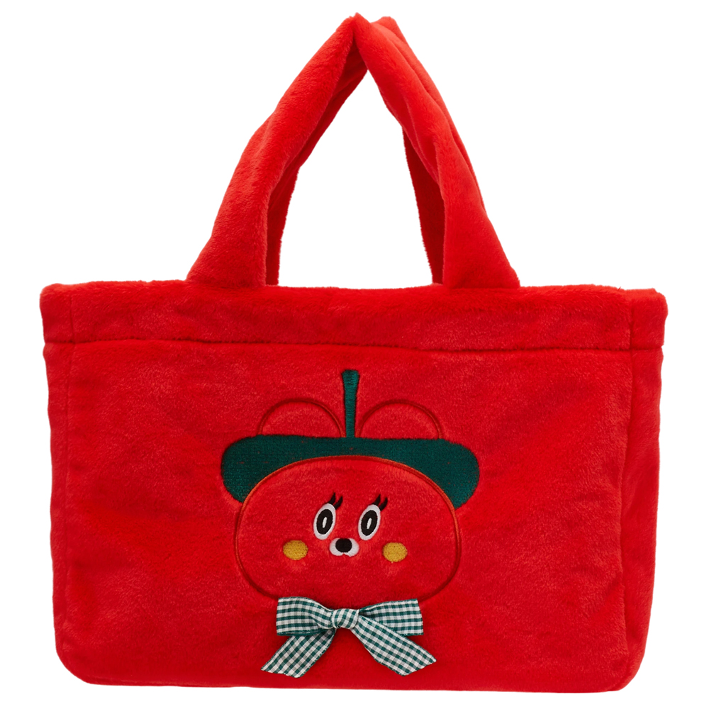 Grace Gift 平價女鞋 Wasabi Bear 聯名 辣椒醬熊 格紋絨毛電繡 托特包 正紅色 實拍圖