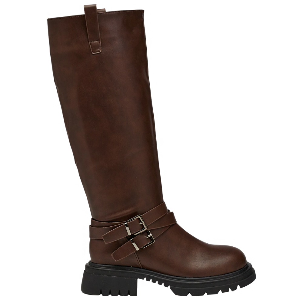 俐落圓頭側拉環繞踝皮帶厚底長靴 棕