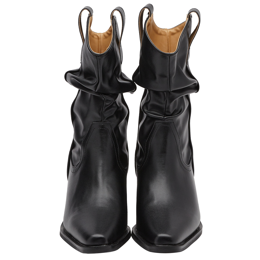 波希米亞尖頭V口皮革堆堆西部靴 黑