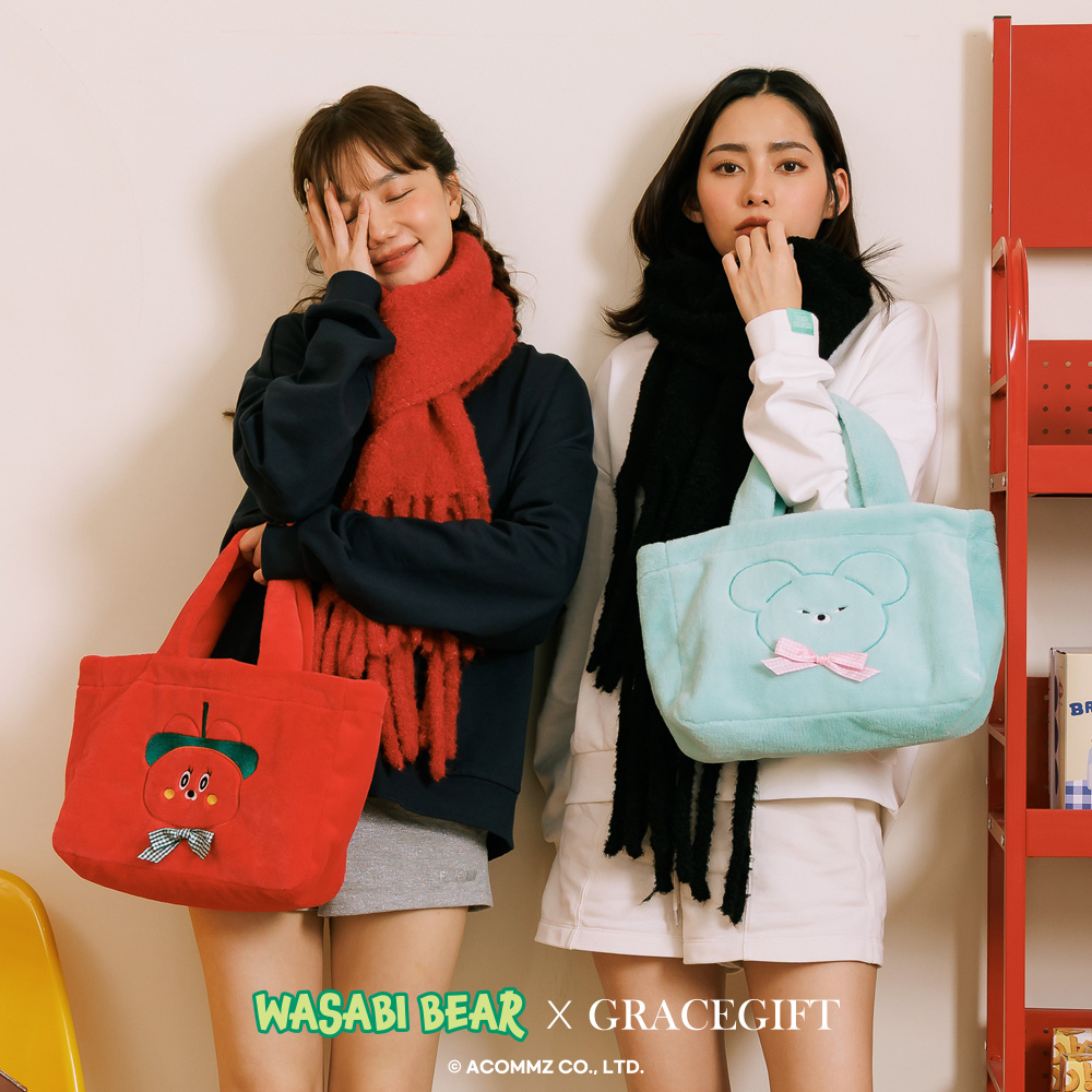 Grace Gift 平價女鞋 Wasabi Bear 聯名 芥末熊 格紋絨毛電繡 托特包 藍綠色 實拍圖