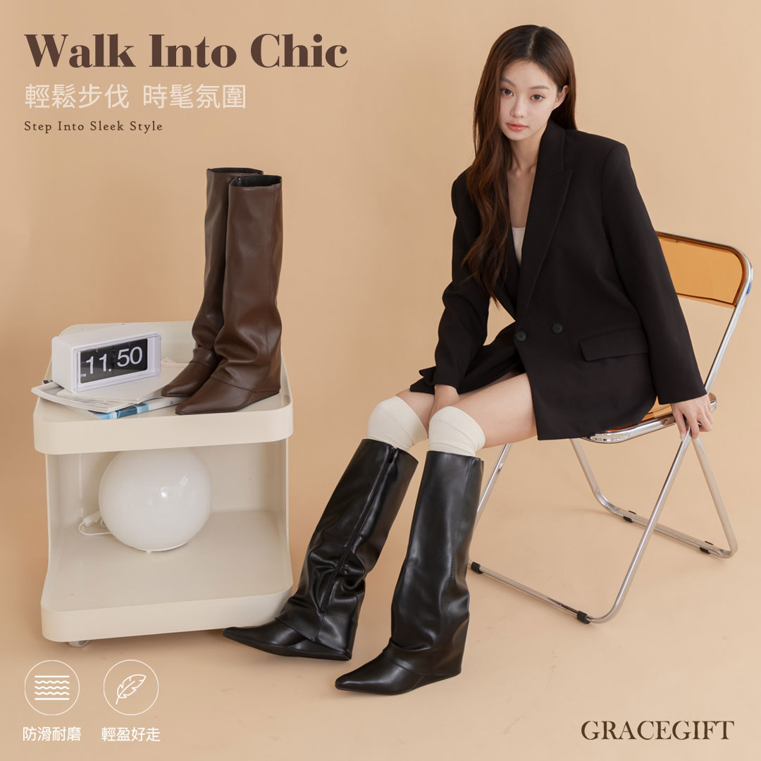 GraceGift平價女鞋 合成皮革堆皺設計的咖啡色尖頭長靴