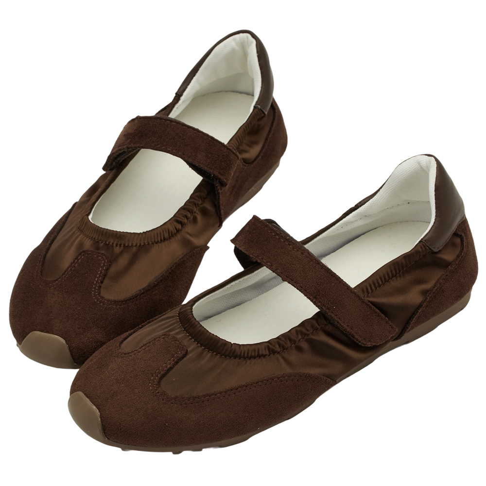 GraceGift平價女鞋 輕盈芭蕾 緞面拚接 芭蕾舞運動鞋 咖啡色