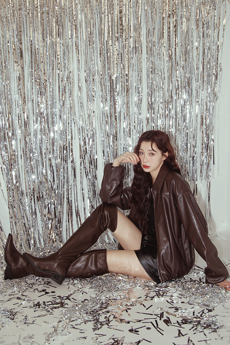 高級氣場方頭2way皮革過膝堆堆長靴