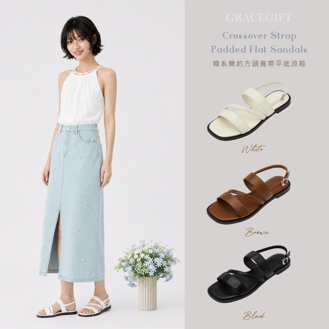 韓系簡約方頭寬帶平底涼鞋黑，質感合成皮革搭配舒適內裡，春夏輕盈好穿搭