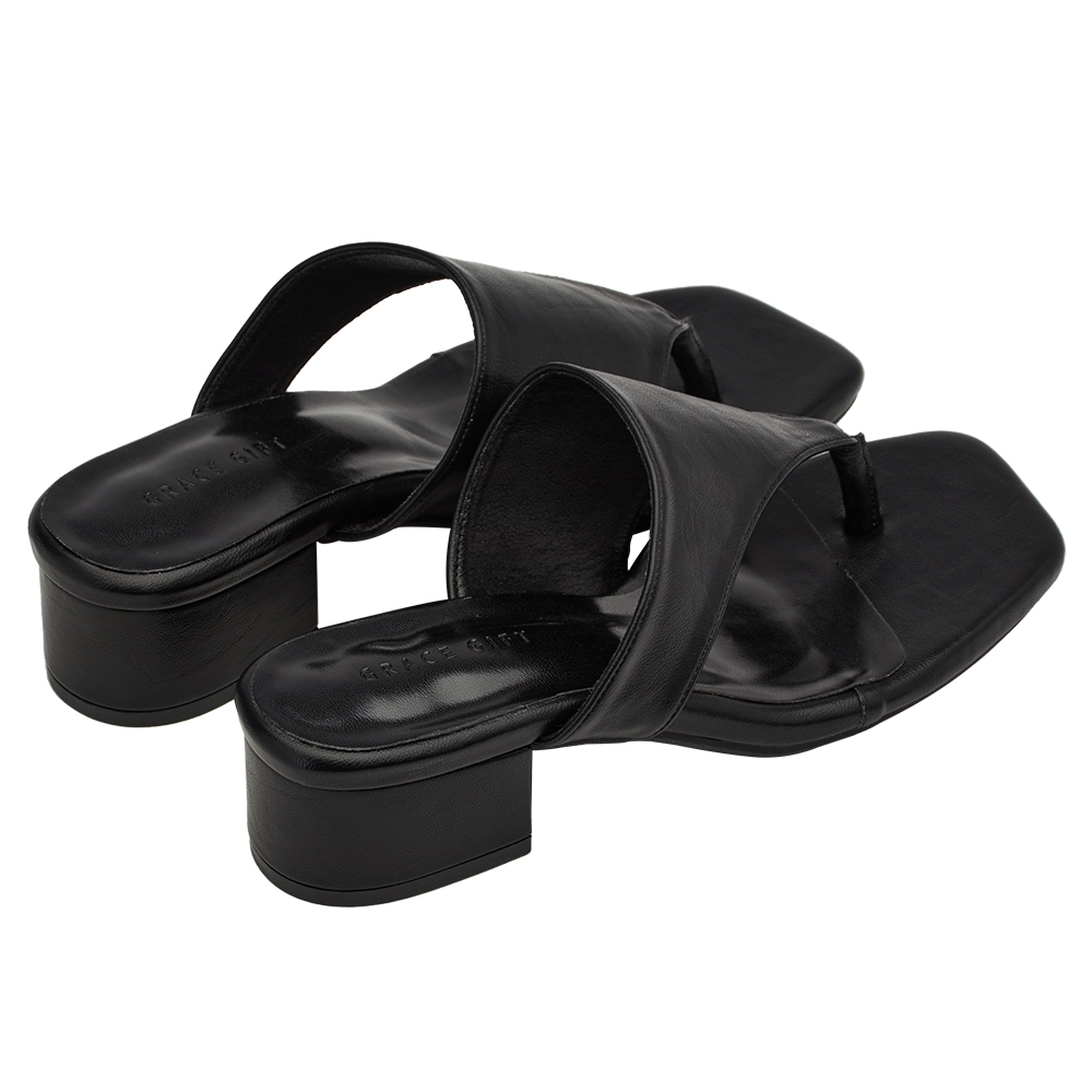 GraceGift 平價女鞋 時尚秀場 方頭 極簡美學柔感人字中跟拖鞋 黑色