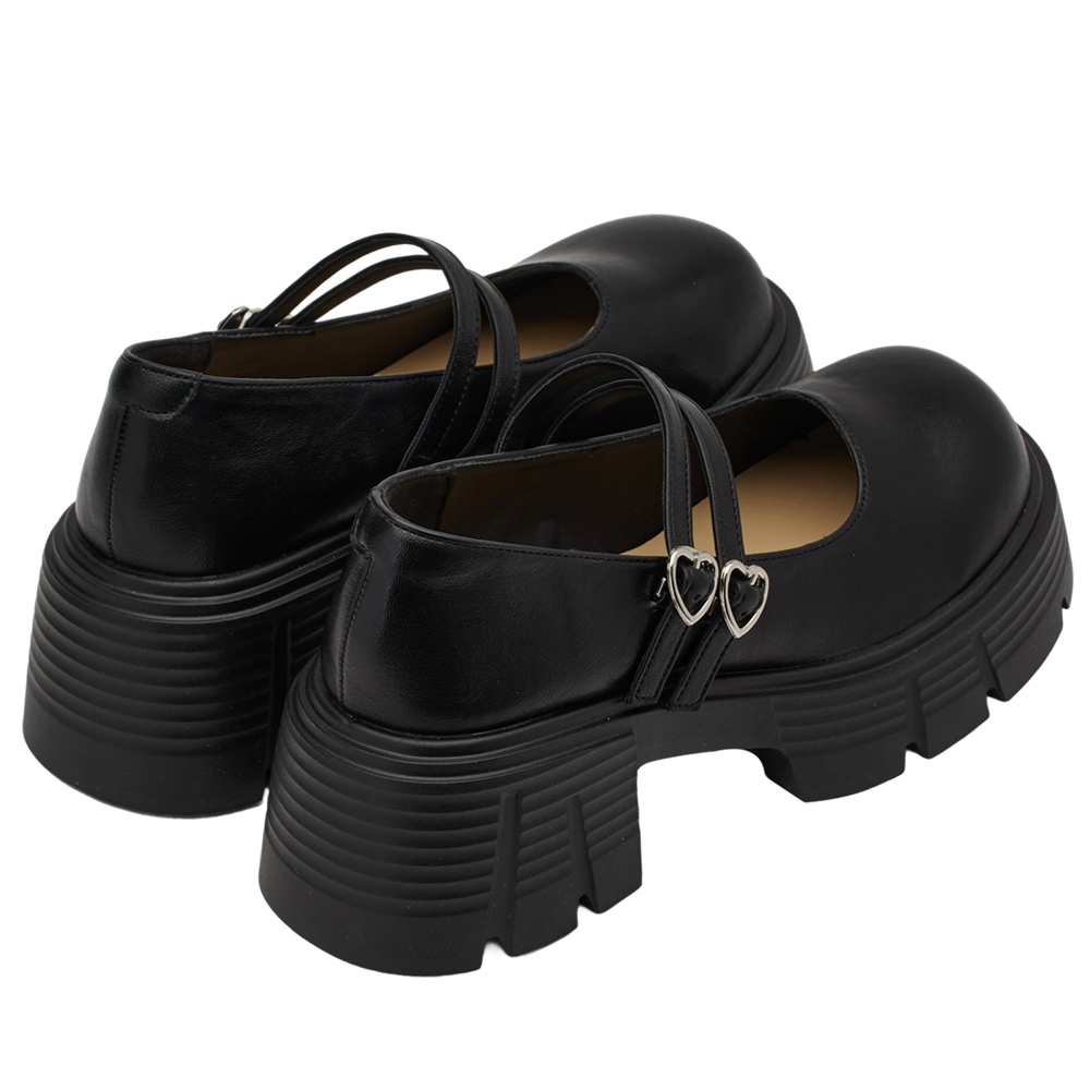 GraceGift 平價女鞋 日系學院 2WAY愛心雙帶輕量瑪莉珍鞋 黑漆 厚底瑪莉珍鞋