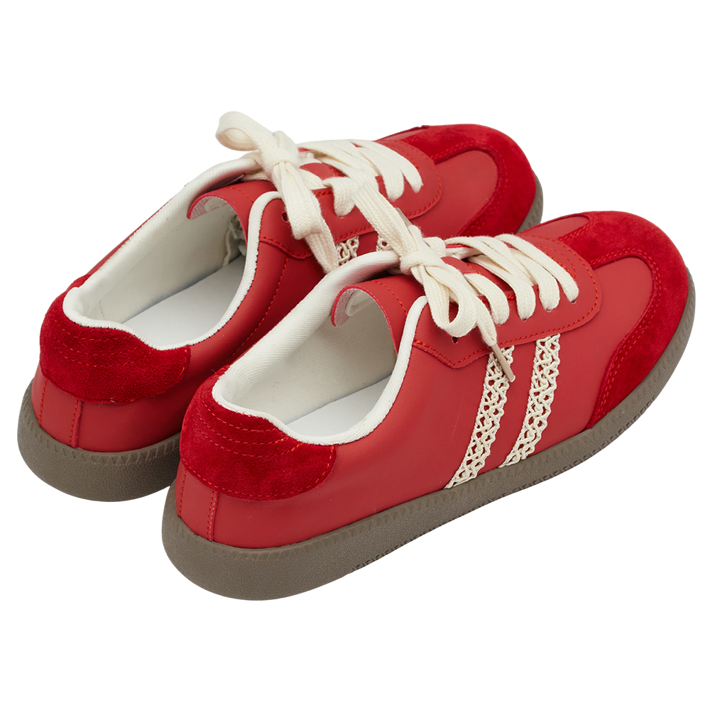 GraceGift 平價女鞋 復古摩登 真皮拼接薄底德訓鞋 附柔光紗帶 正紅色 實品圖