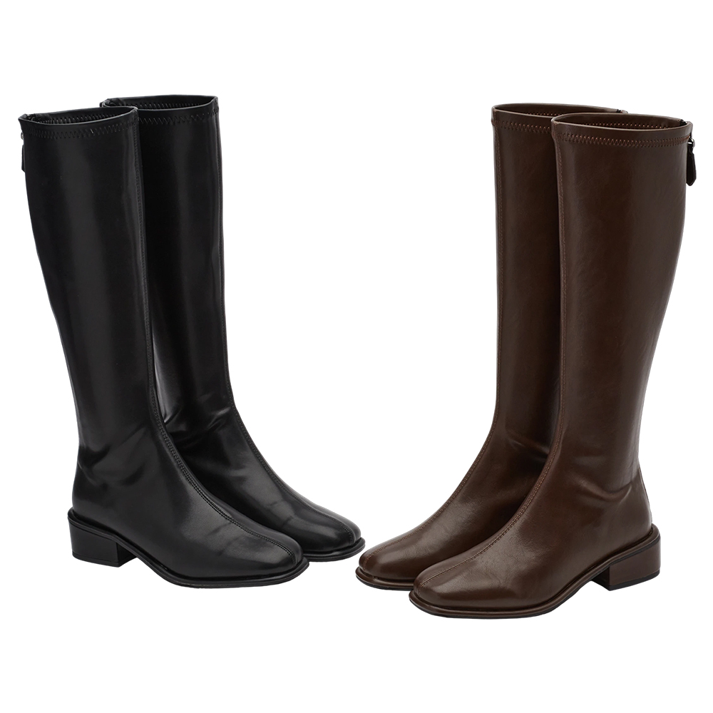 簡約達人後拉鍊中跟長靴 咖