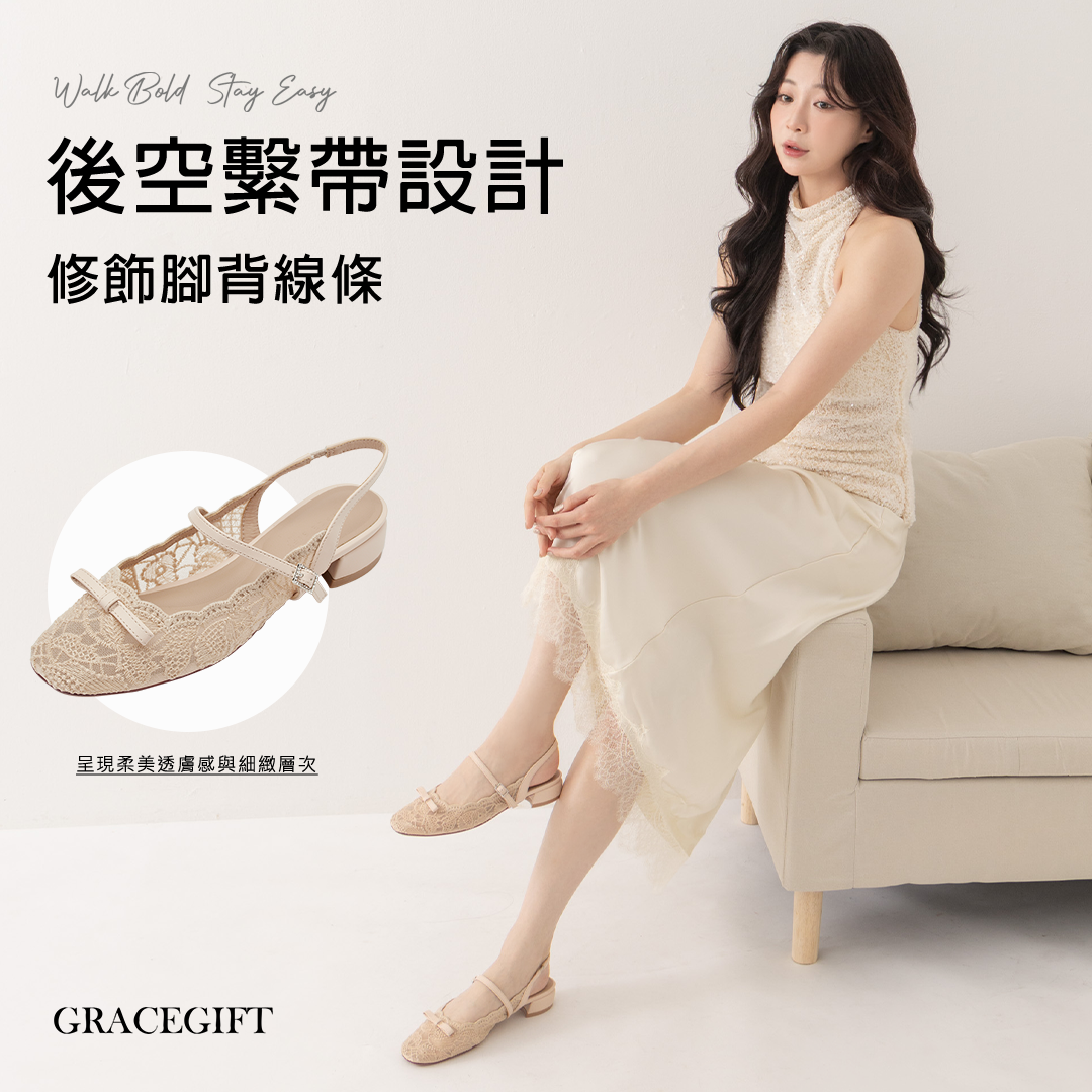 GraceGift平價女鞋 洛可可蕾絲瑪麗珍後空低跟鞋黑色 蕾絲鞋面搭配細帶扣環與低跟設計