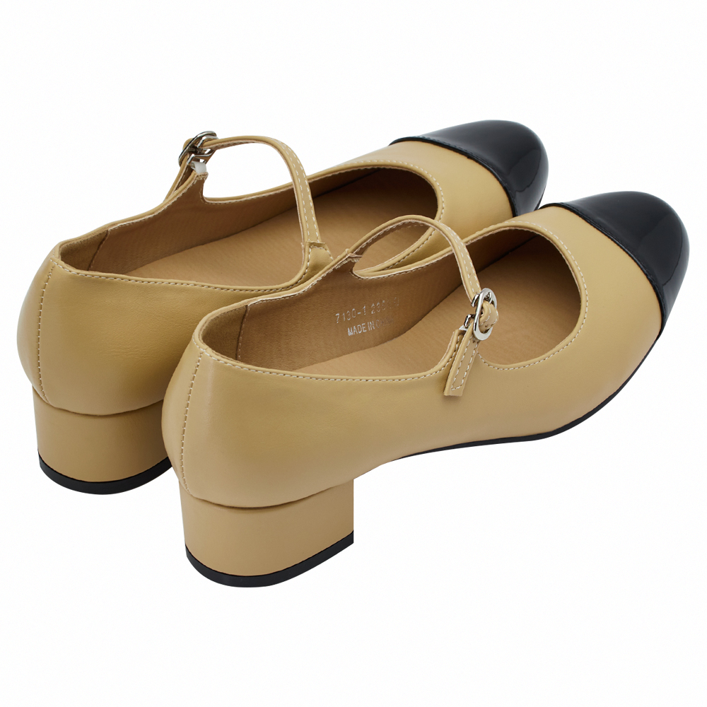 GraceGift平價女鞋 時尚秀場 圓頭 經典法式雙色小香風低跟瑪莉珍鞋  淺駝色