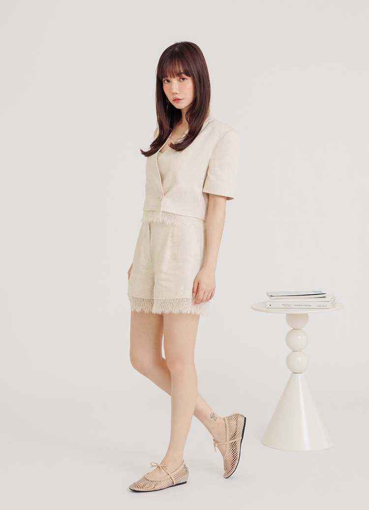 GraceGift平價女鞋 手工訂製亮鑽蝴蝶結漁網方頭芭蕾舞鞋 杏