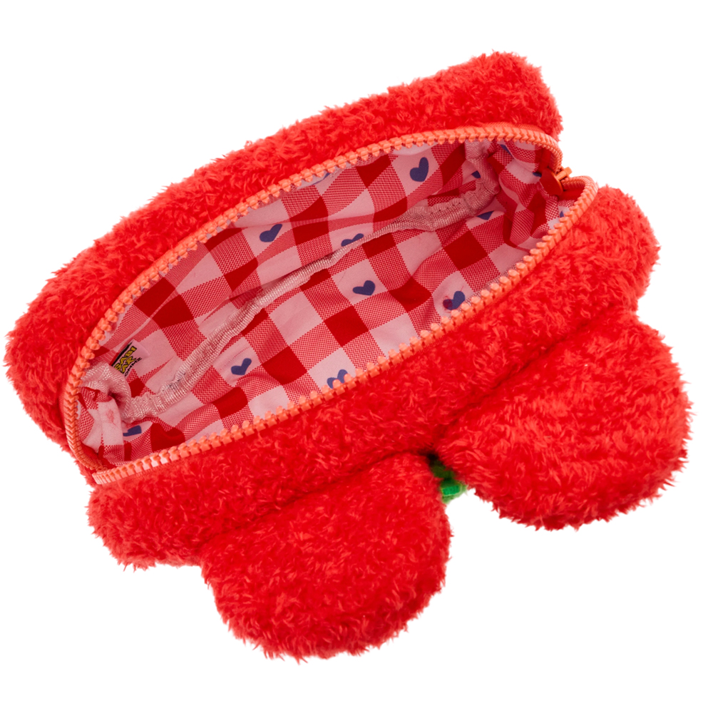 GraceGift Wasabi Bear聯名 辣椒醬熊 格紋絨毛化妝包 正紅色 實拍圖